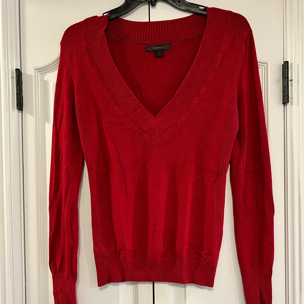 Red long sleeve v neck sweater